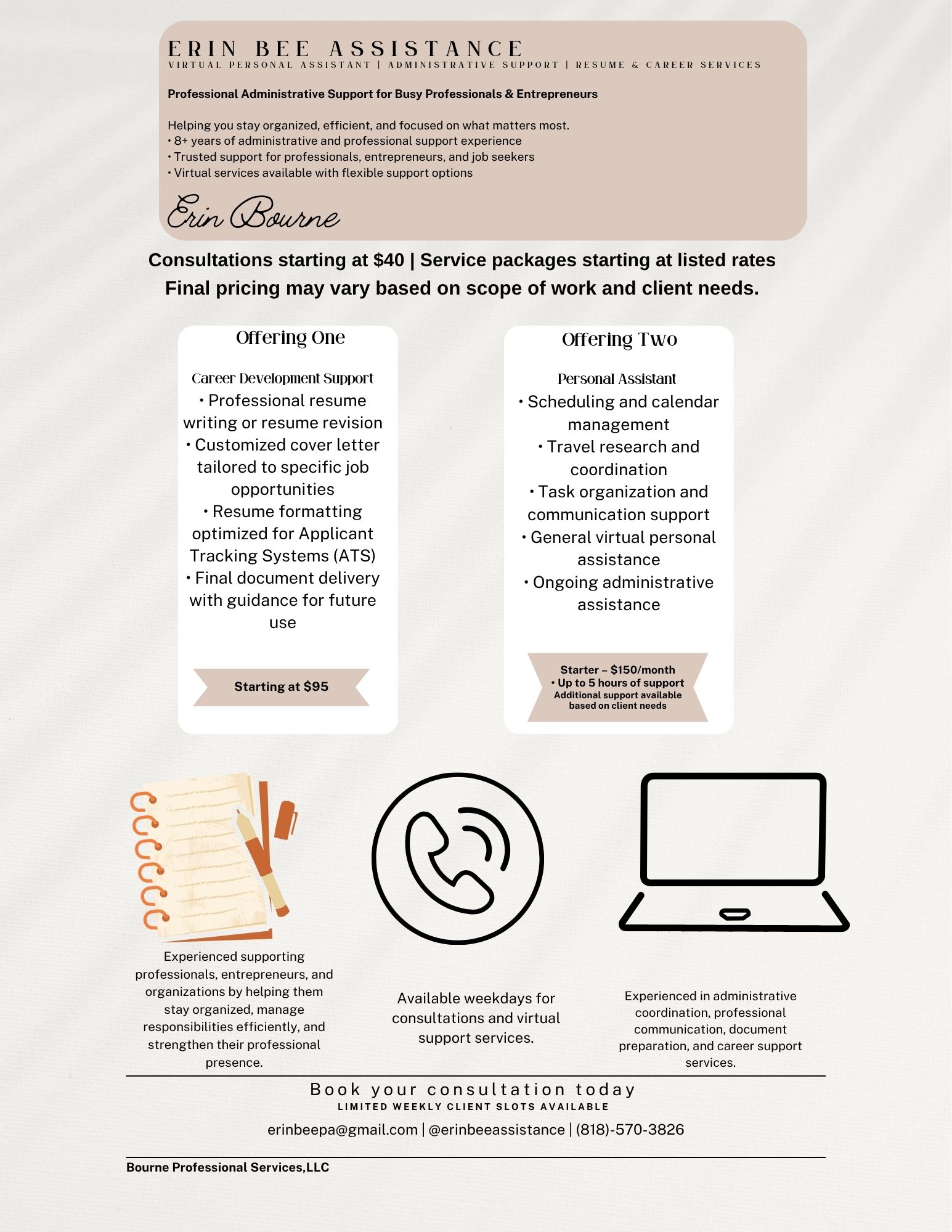 Business flyer for Erin Bee Assistance with contact info, service details, and booking options, featuring phone and computer icons.
