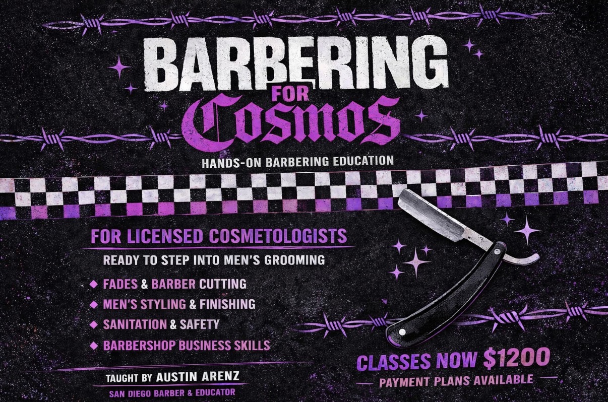 Promotional poster for a cosmetology barbering class with purple and black design elements and text details.