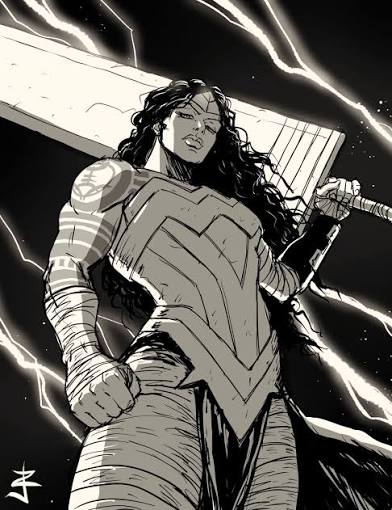 Woman with long curly hair holding a large weapon, standing against a dark background with lightning streaks.