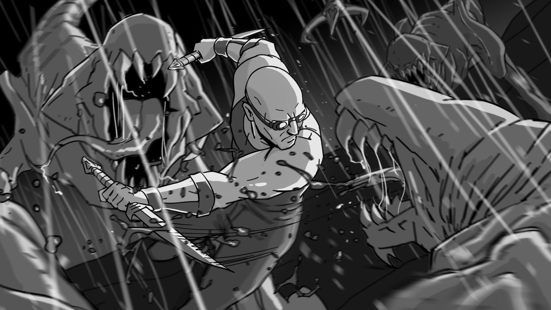 Two characters fighting in rain, one with a sword, the other with a weapon, in a dark, intense scene.