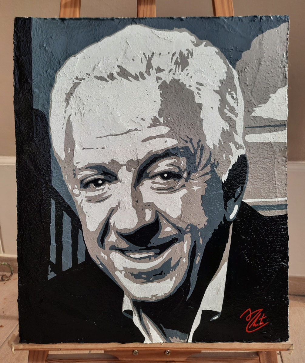 Portrait of an elderly man with light hair, smiling, painted on a textured canvas.