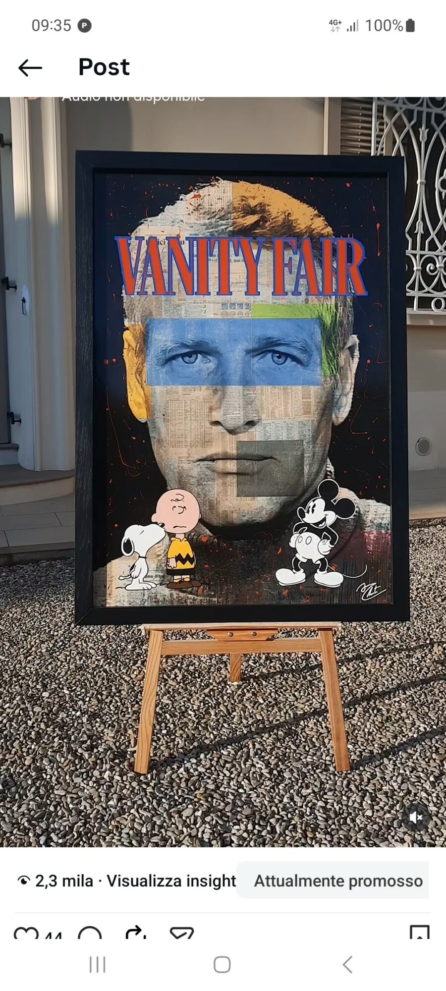 Poster featuring a person's face with a Vanity Fair magazine cover overlay, surrounded by cartoon characters and flowers.