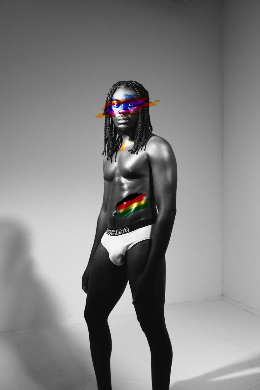 Person with dreadlocks and colorful painted face and body, standing in a corner, wearing underwear, in black and white with color accents.