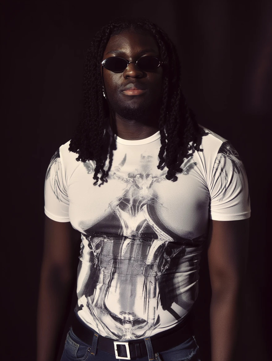 Person with long dreadlocks wearing sunglasses and a graphic t-shirt, standing against a dark background.