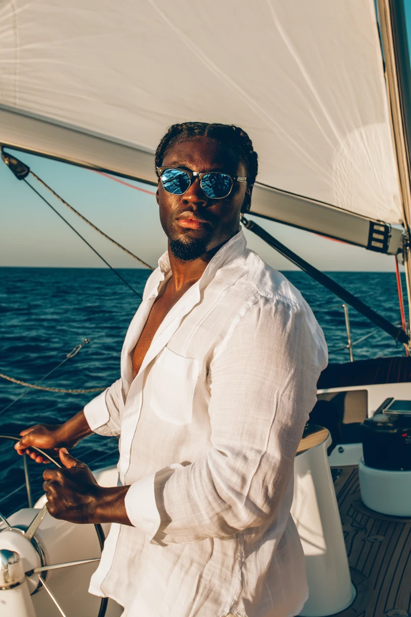 Man with sunglasses and white shirt on a boat, holding a steering wheel, ocean in background.