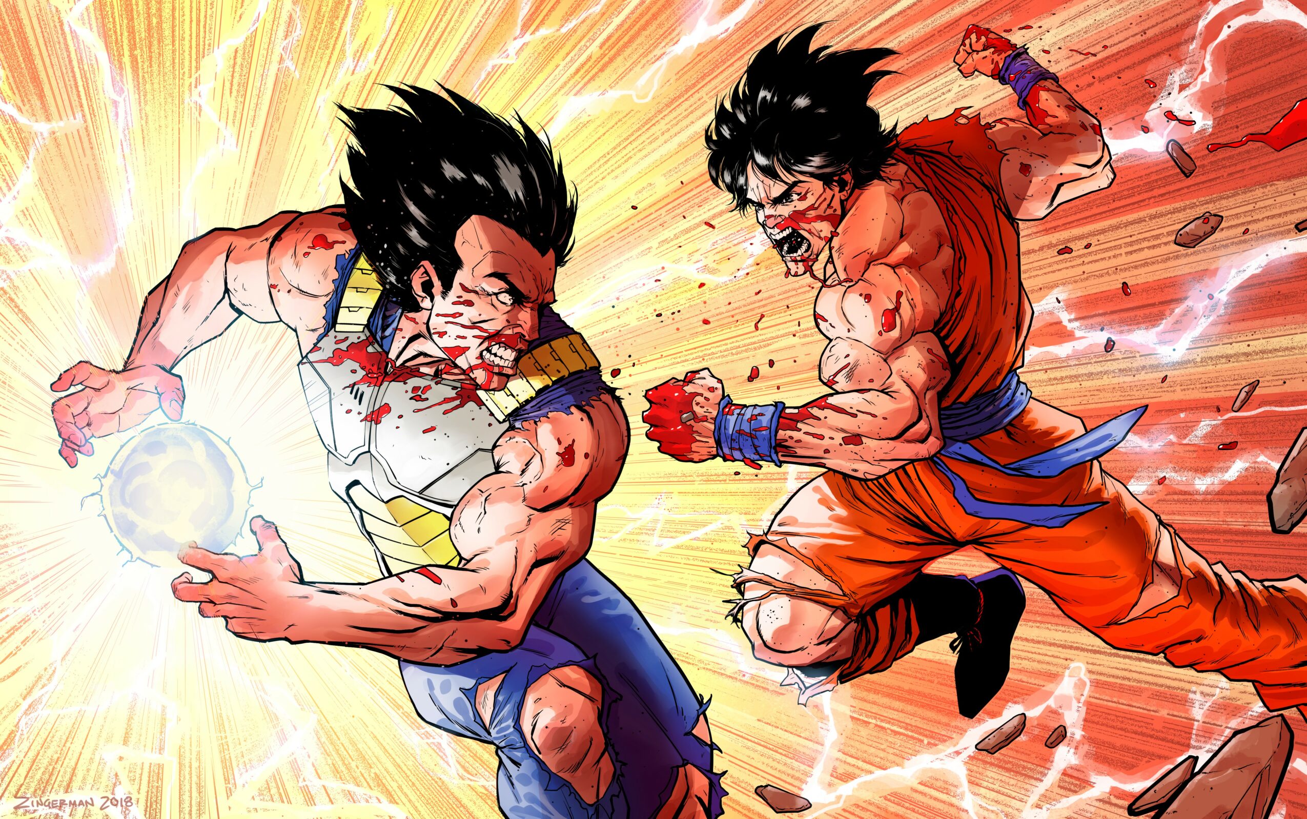 Two muscular characters fighting with energy blasts, one with spiky black hair, the other with glasses and black hair, in an intense battle scene.