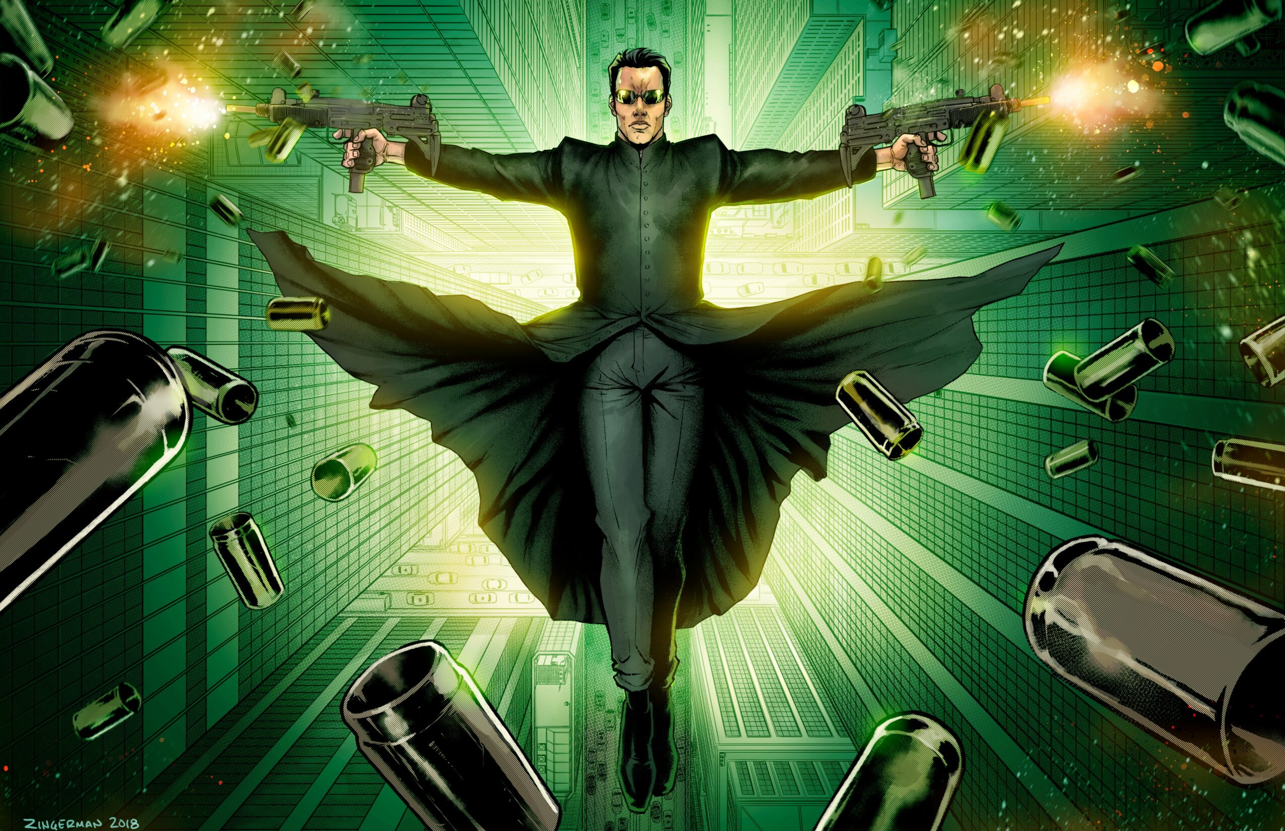 Man in black suit with arms outstretched, surrounded by flying bottles and cans, with a green digital background.
