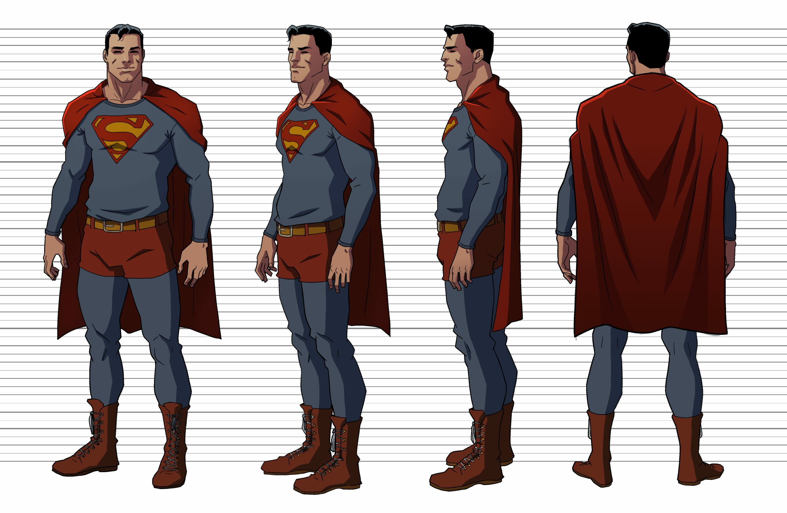 Superman in costume, shown from front, side, and back, with a white background and horizontal lines.