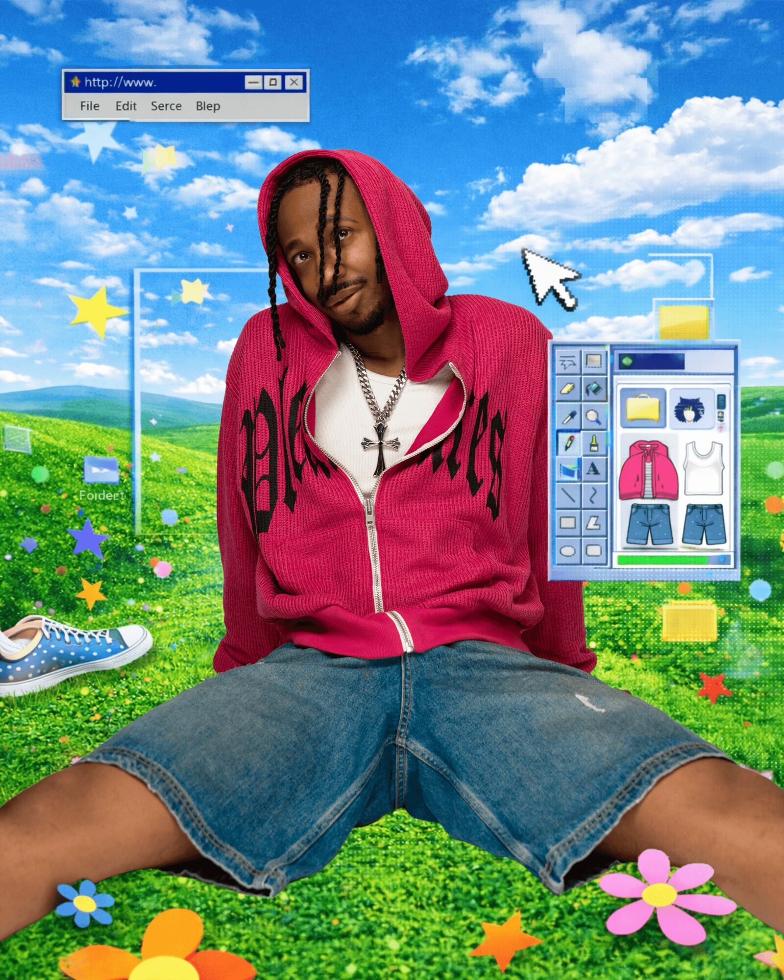 Person sitting outdoors on grass, wearing a pink hoodie and denim shorts, with a digital editing interface around them.