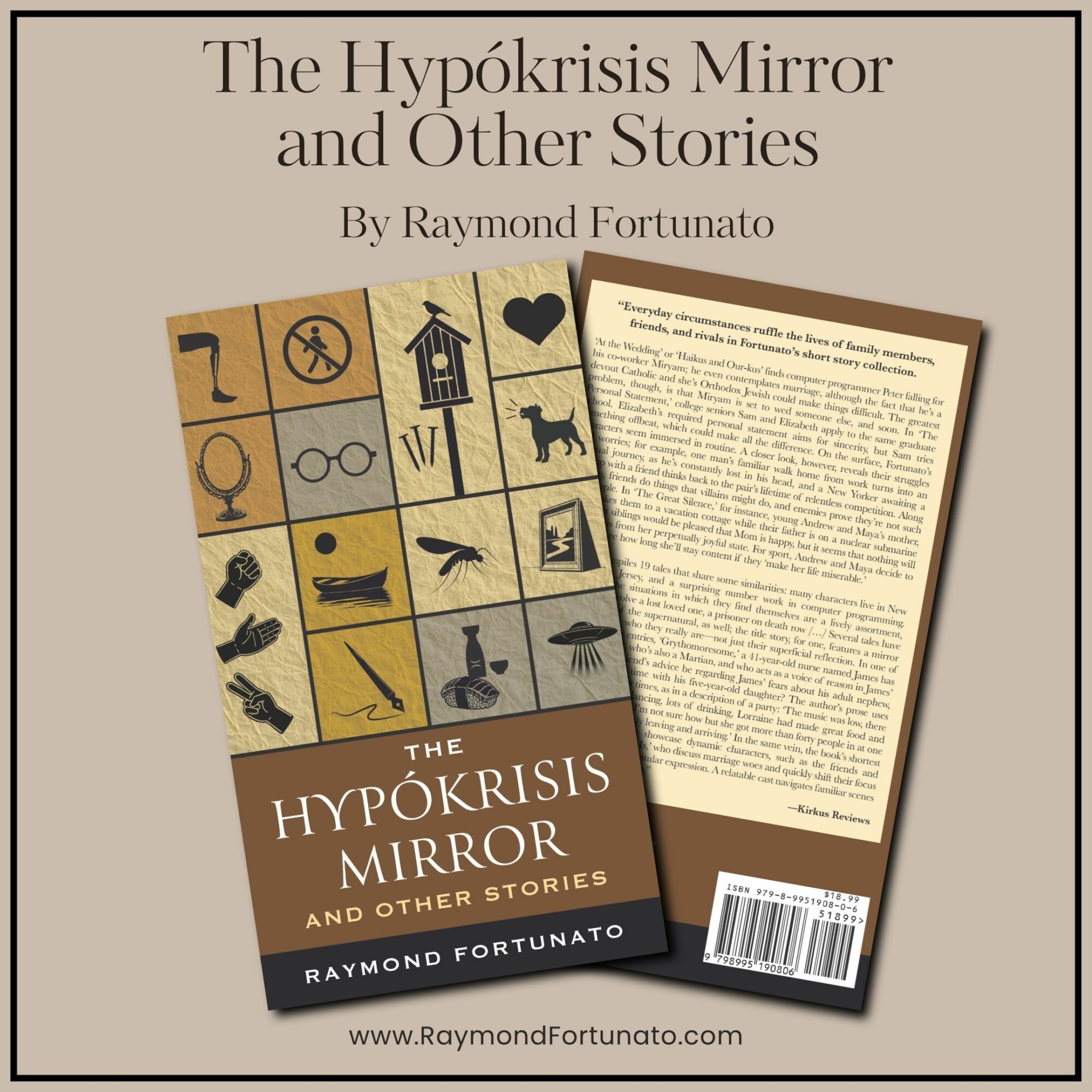 Book cover titled 'The Hypocrisis Mirror and Other Stories' by Raymond Fortunato, with a grid of symbols and a second page.