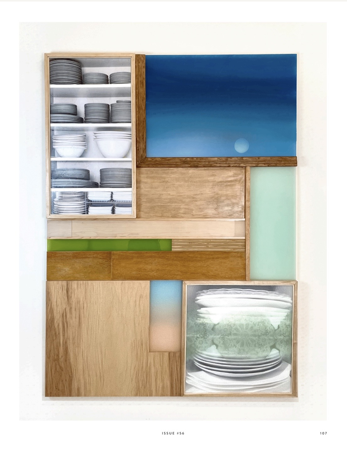Cabinet with dishes, colorful panels, and glassware, arranged in a geometric pattern on a white background.