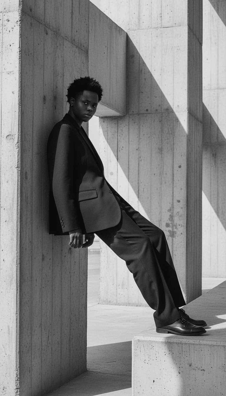 Person leaning against a concrete wall, wearing dark clothing, with shadows cast on the wall.