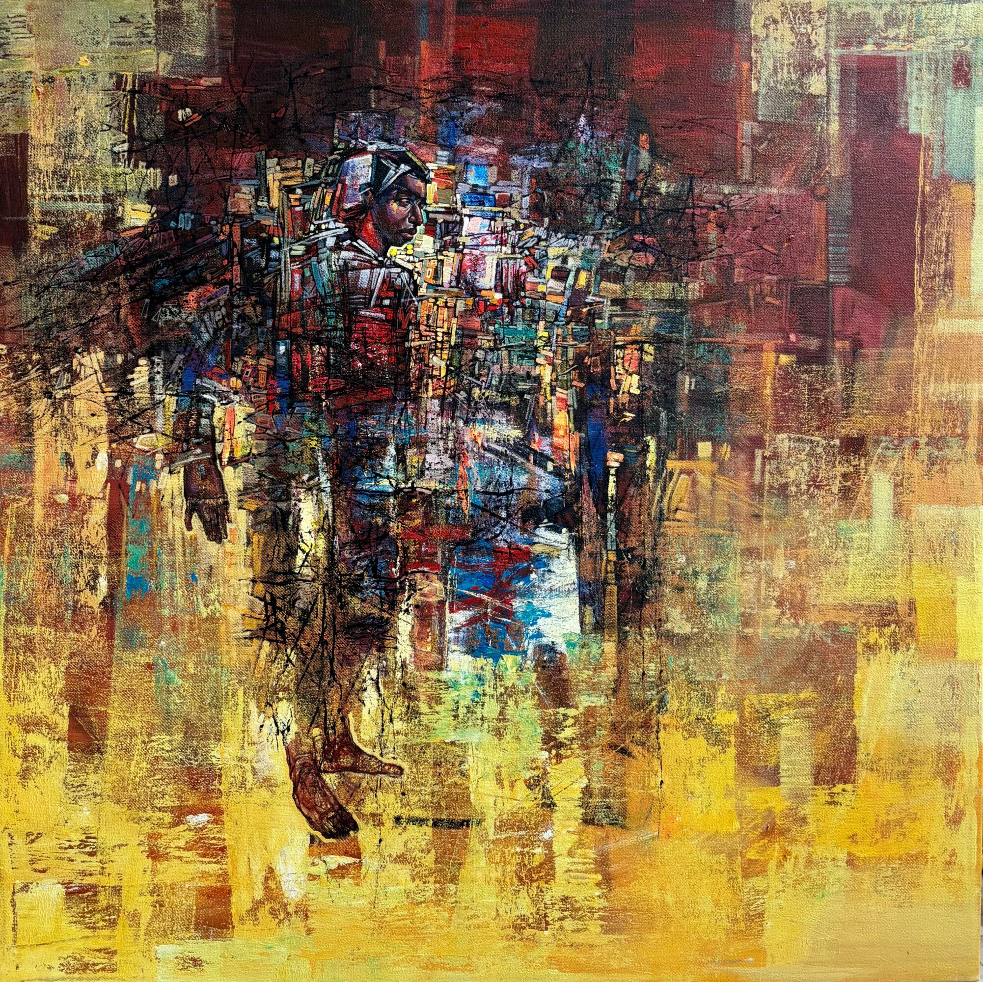 Abstract painting of a person with a hat, surrounded by colorful, textured brushstrokes.