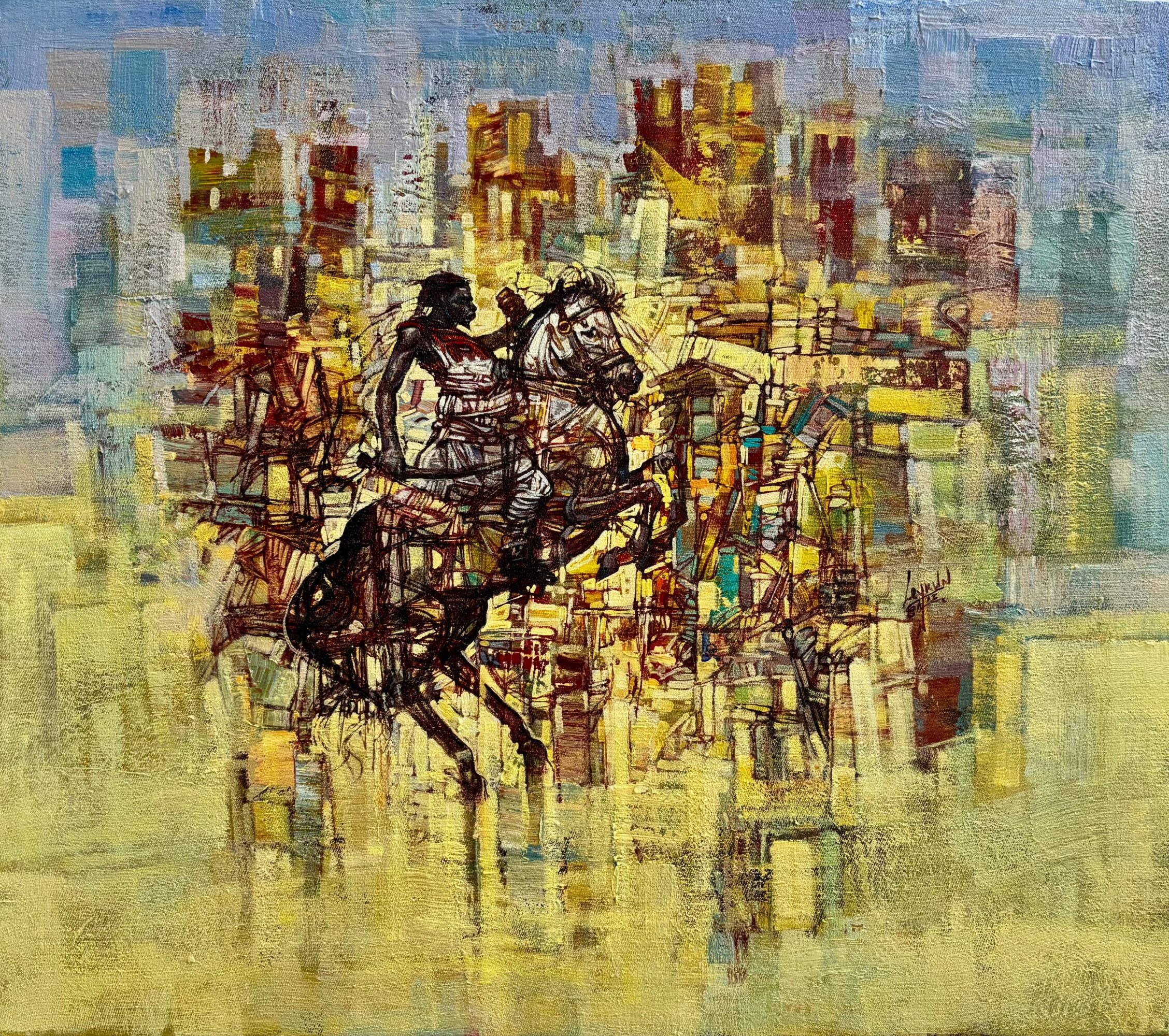 Abstract painting of a person riding a horse with a cityscape background, using vibrant colors and geometric shapes.
