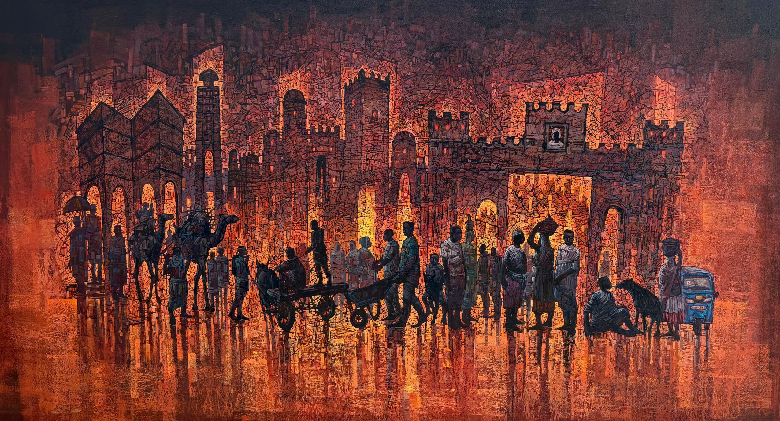 Silhouettes of people and animals against a cityscape with tall buildings and a bridge, in warm reddish tones.