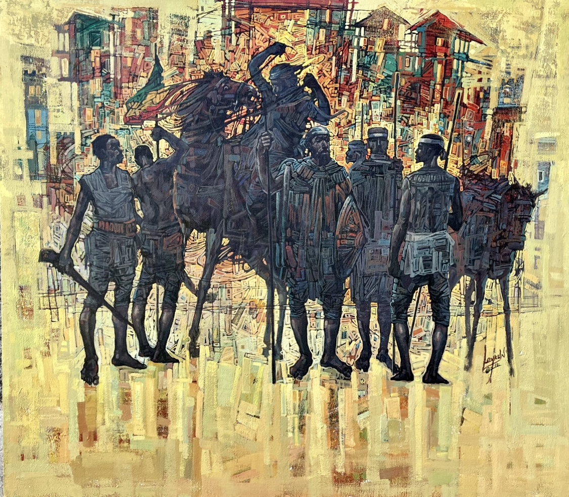 Group of people walking with buildings in the background, some carrying bags or objects, in a colorful, abstract style.