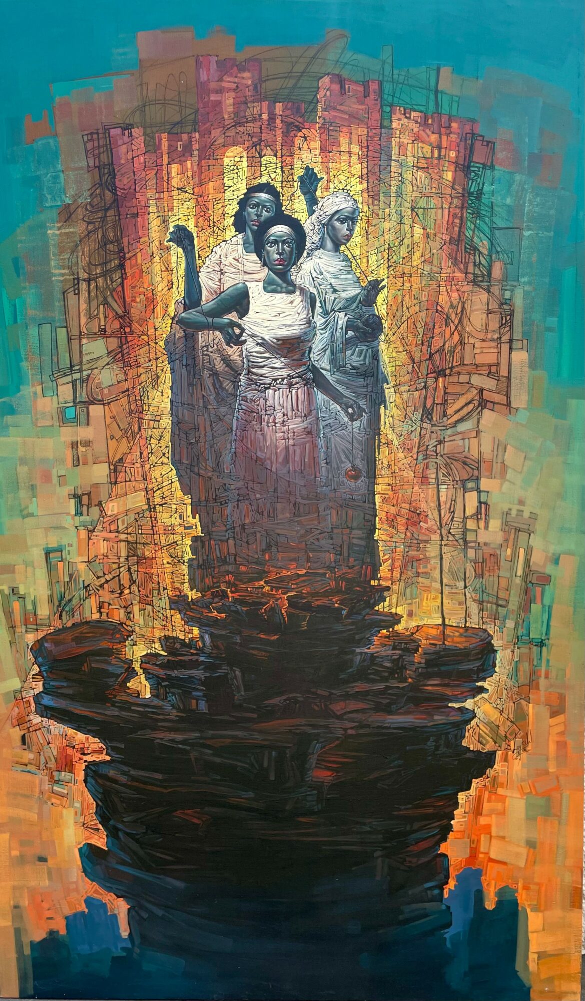Three women standing together with colorful abstract background and dark reflection below them.