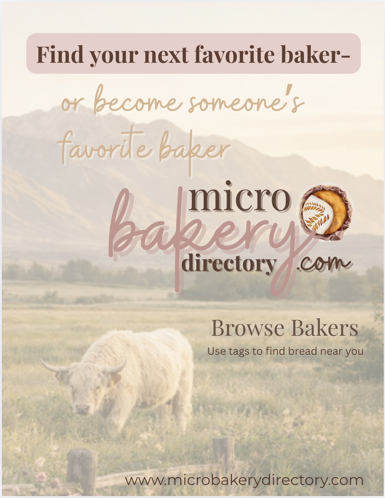 Text overlay on a landscape with a sheep in a field, promoting a bakery directory website.