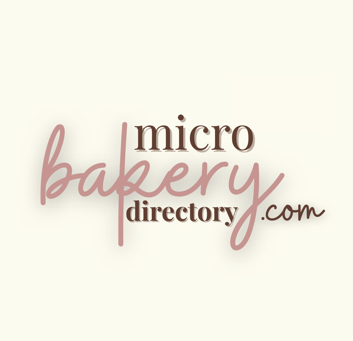 Logo with text 'micro bakery directory.com' in pink and brown on a light background.