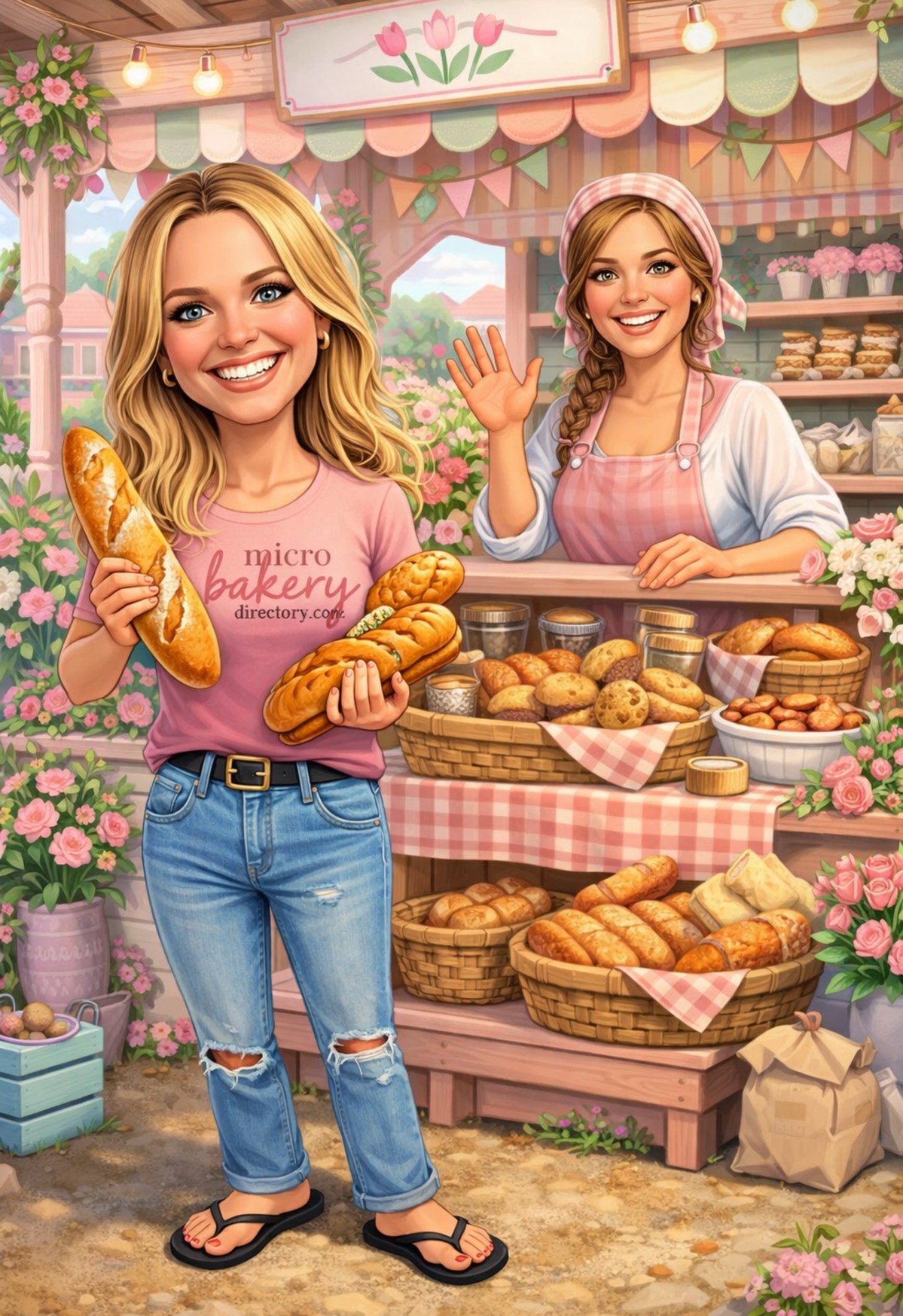 Two women at a bakery stand with baked goods, smiling; one holding bread, the other waving.
