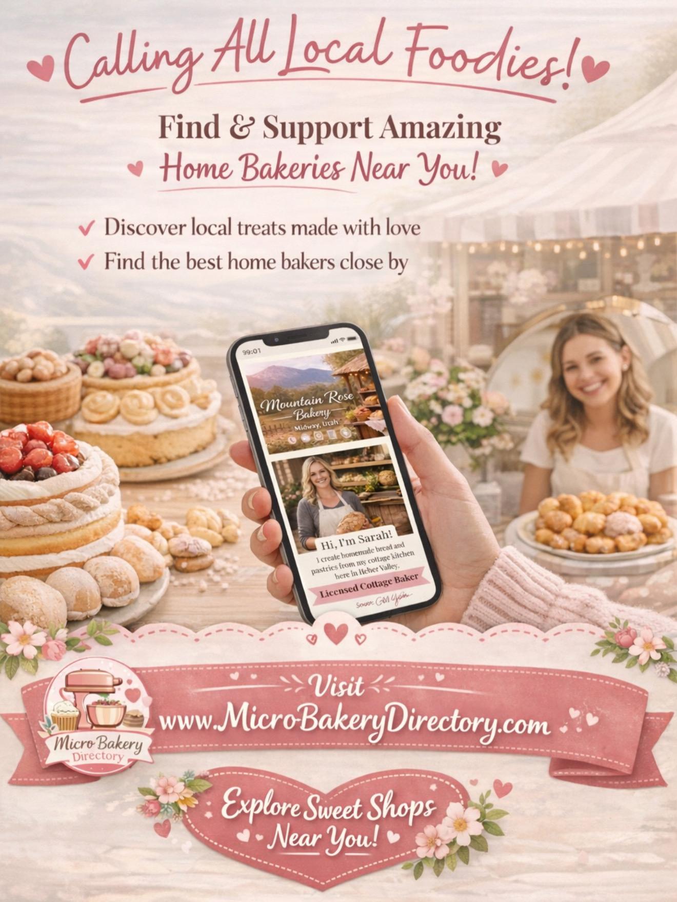 Person holding smartphone with bakery shop image, bakery displays cakes and pastries, smiling girl in background, floral decorations, bakery website and slogan.