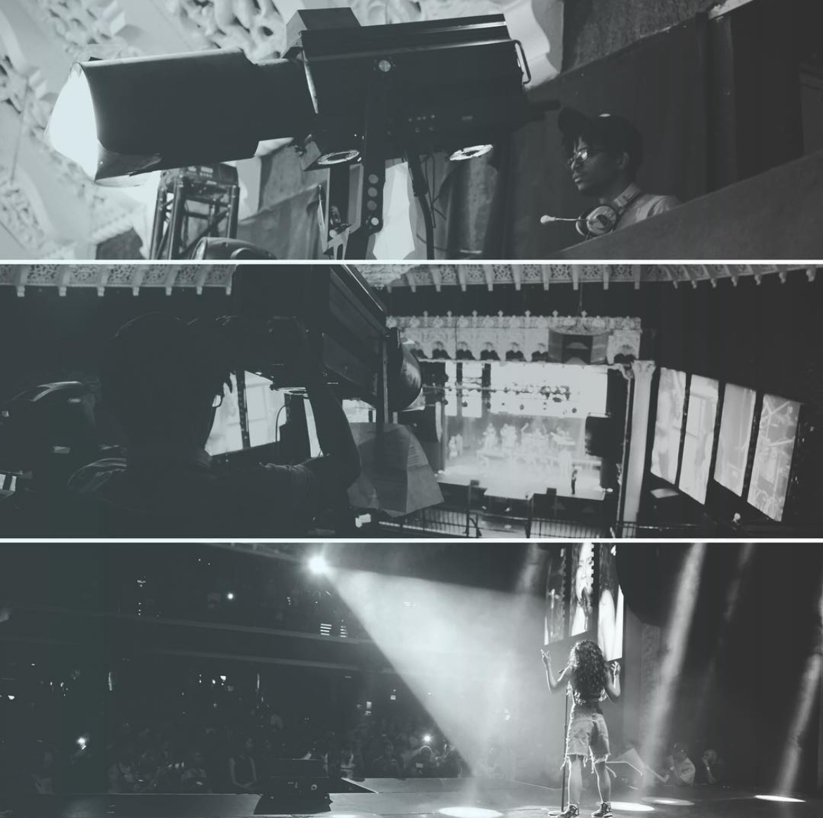 Stage with performer, bright spotlight, audience, and stage equipment visible, in black and white.