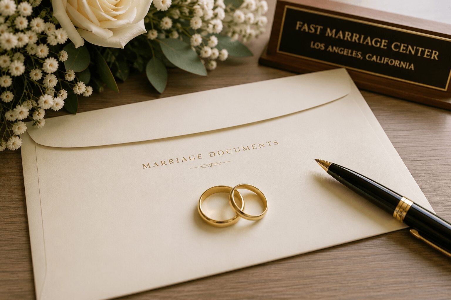 Wedding rings on a marriage document envelope with flowers and a sign for a marriage center nearby.