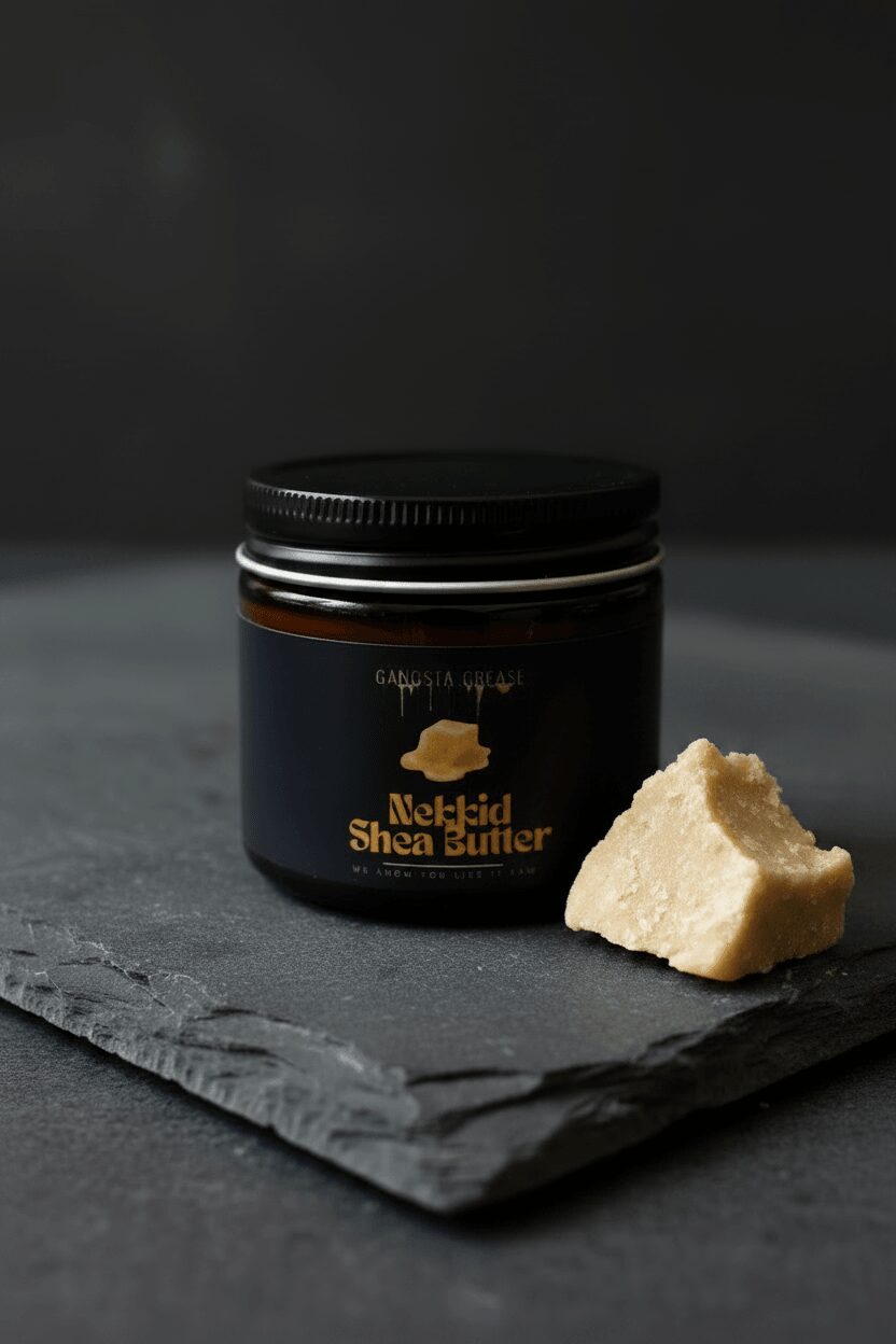 Jar of shea butter with a piece of shea butter beside it on a dark surface.