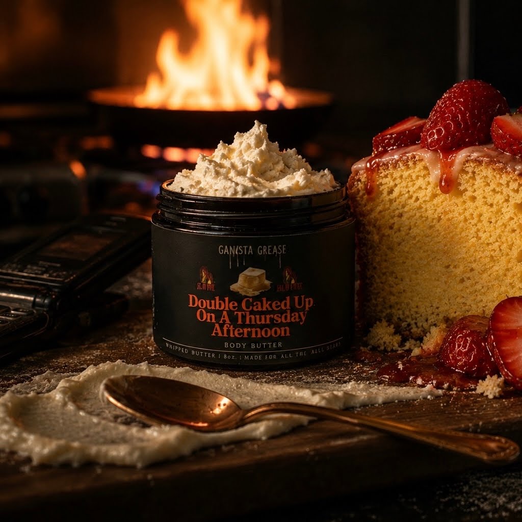 Container of whipped cream, cake with strawberries, spoon, and a fire in the background, on a wooden surface.