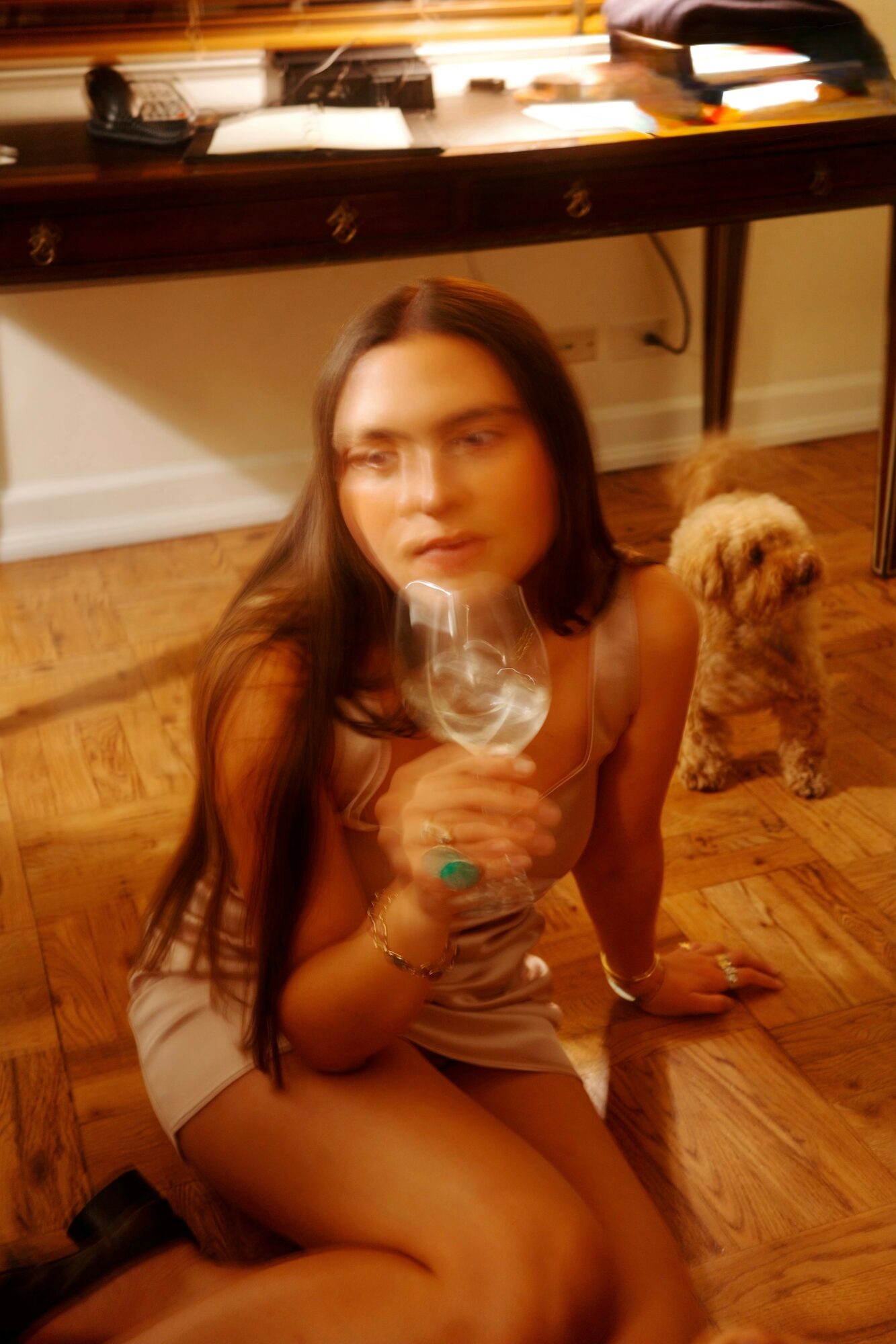 Woman sitting on floor holding a glass, with a dog nearby, in a room with wooden floor and desk.