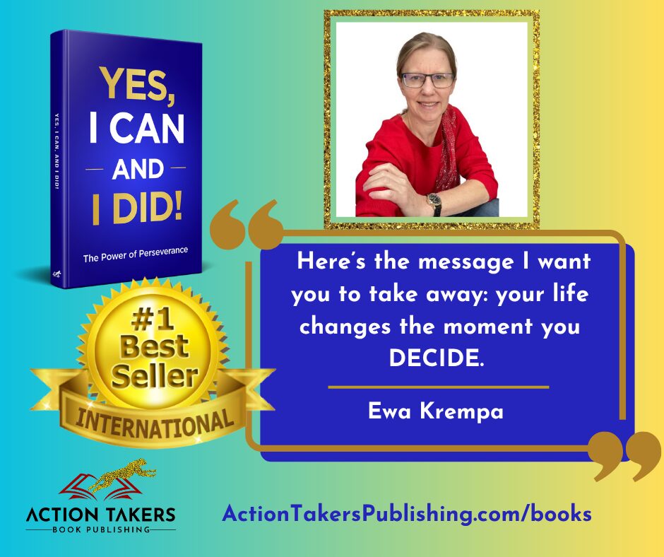 Book titled 'Yes, I Can and I Did!', author Ewa Krempa, with a quote about life changes, and a gold 'Best Seller' badge.