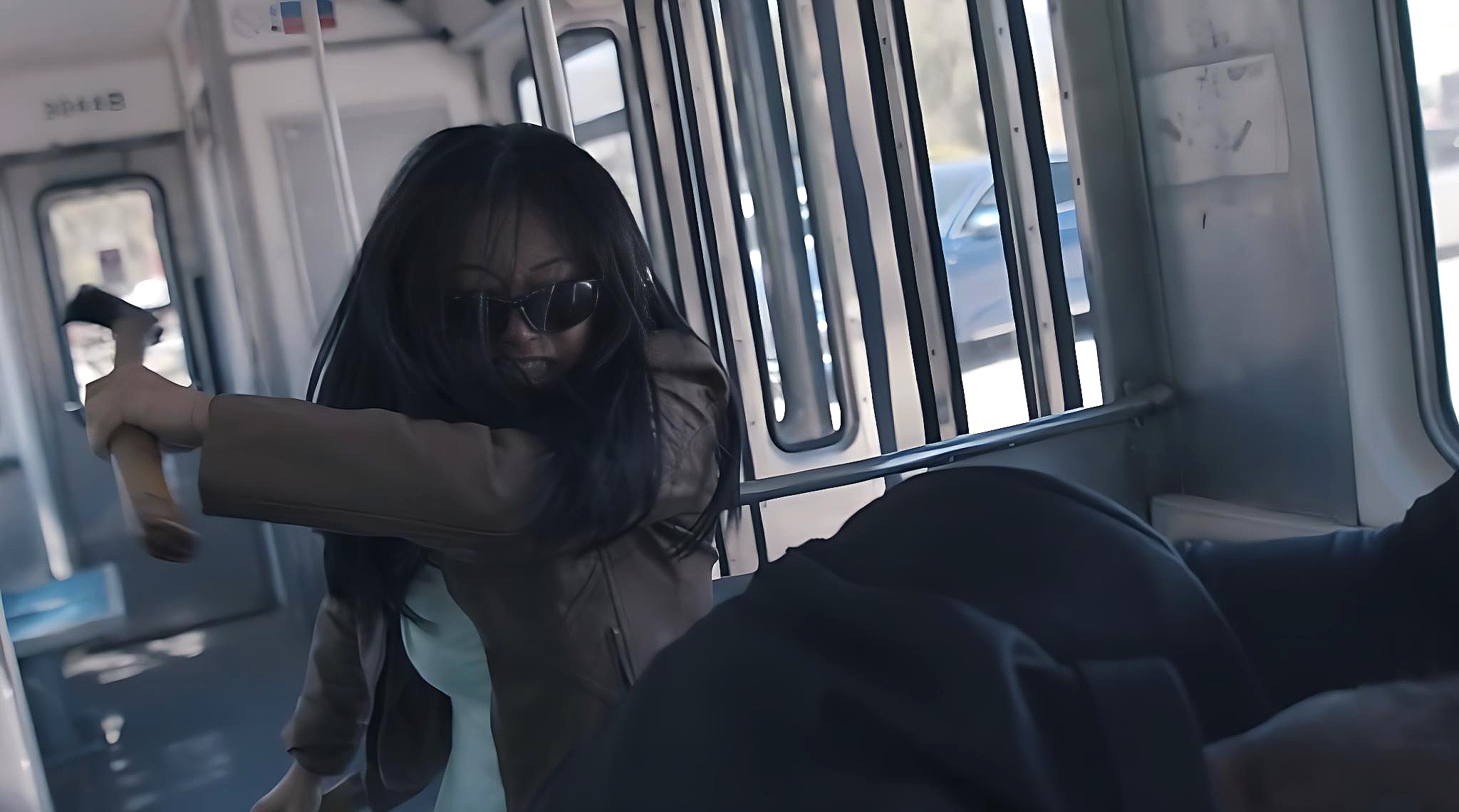 Person with long dark hair and sunglasses reaching out inside a vehicle, possibly a bus or train.