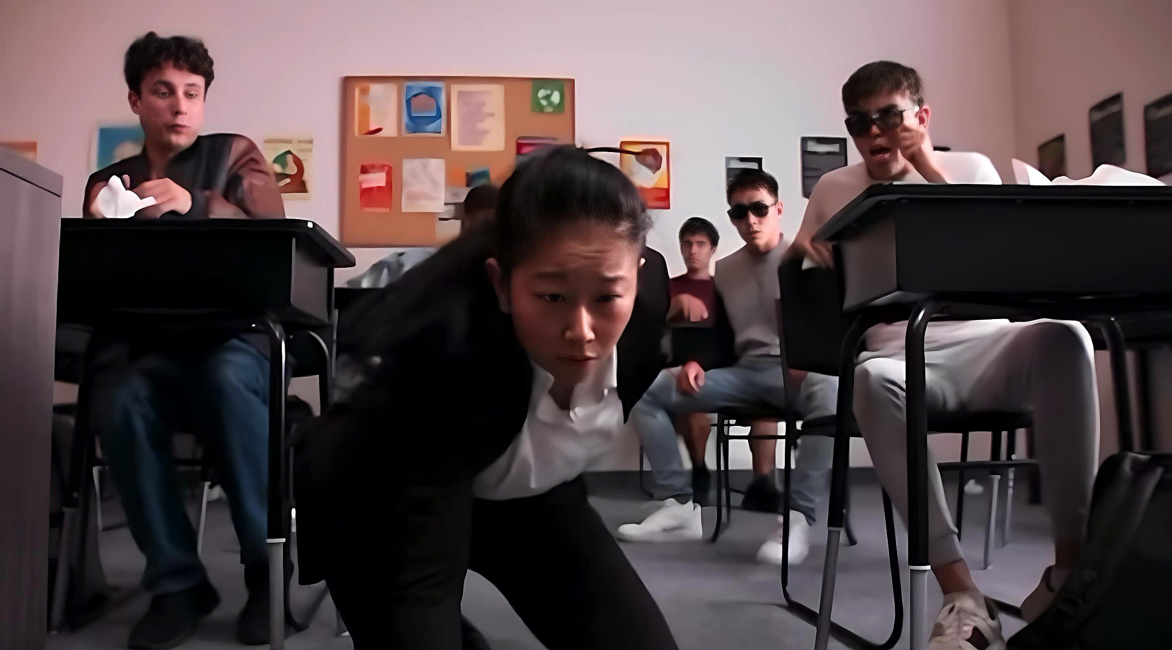 Students in a classroom, some sitting at desks, one girl crouching on the floor, classroom bulletin board in background.