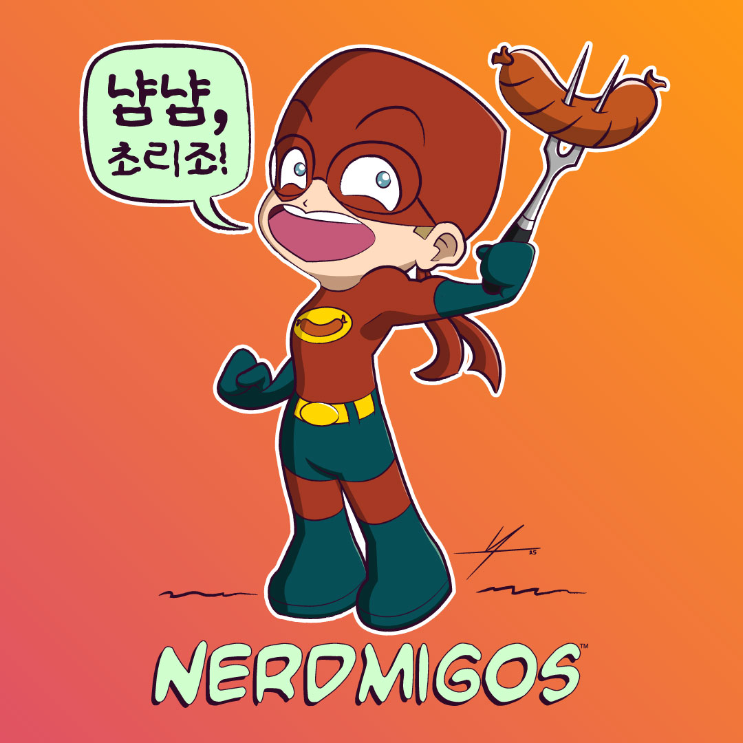Cartoon character with brown hair, glasses, and superhero costume holding a sausage, smiling, with Korean speech bubble, orange background.