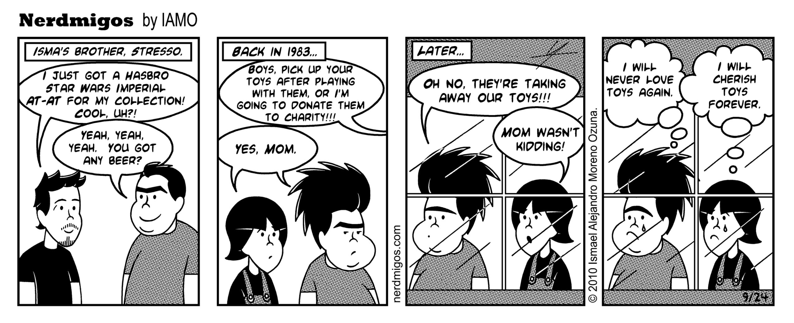 Two people talk about a comic book collection, with one person reminiscing about a childhood experience, and a child reacting. Four panels.