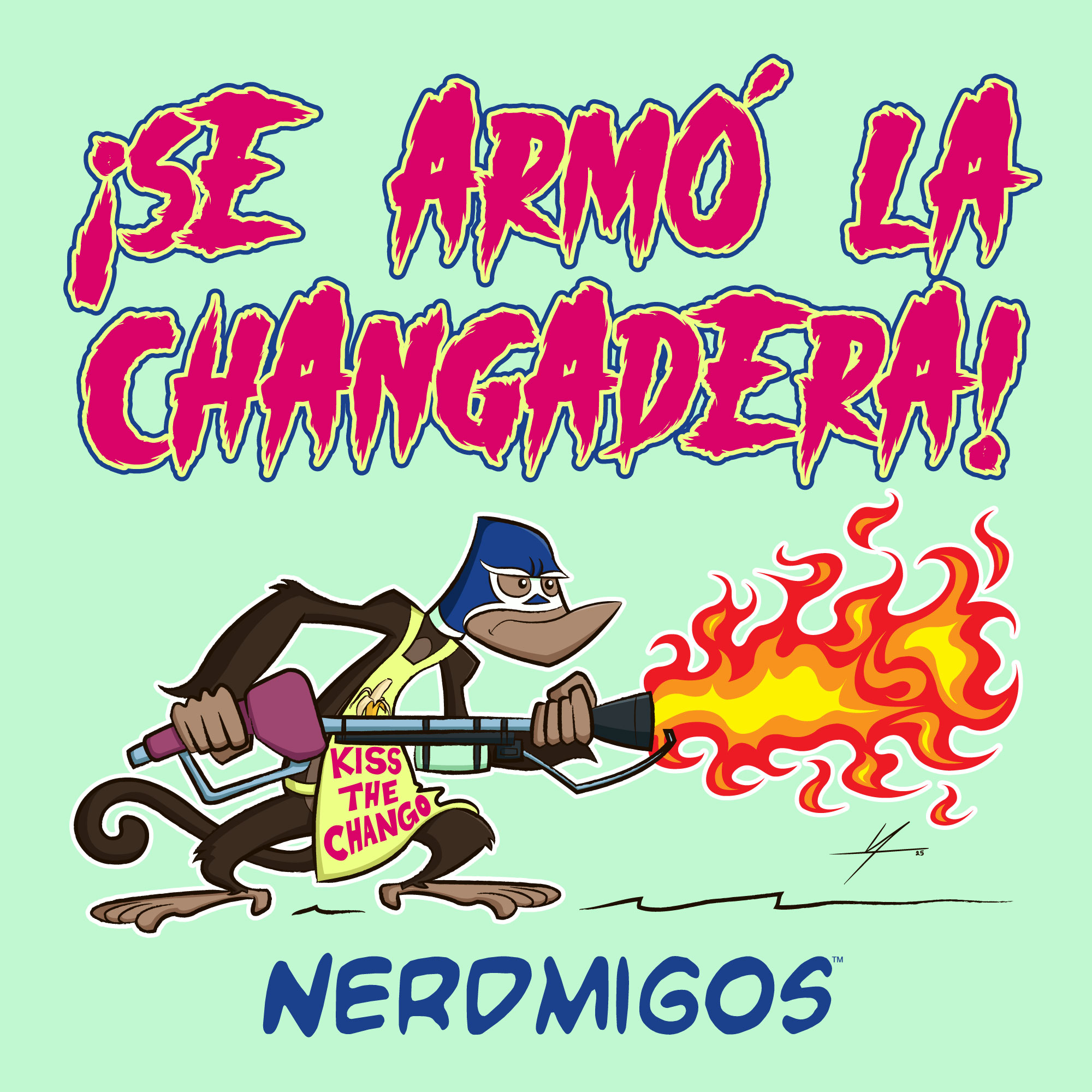 Cartoon monkey with a blue hat holding a fire torch, with text in Spanish and English, on a light green background.