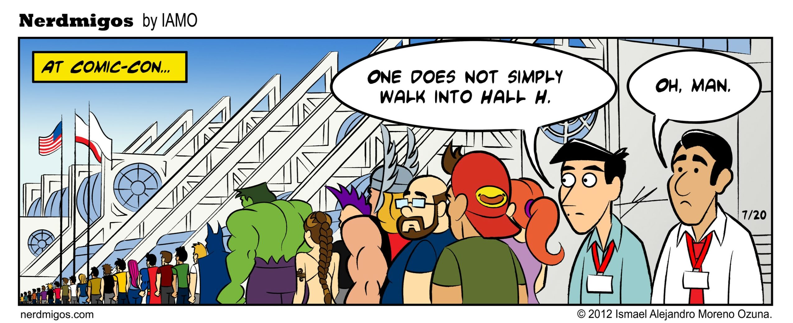 Crowd of comic characters walking in a line outside a building, with speech bubbles about walking into a hall. 20 words.