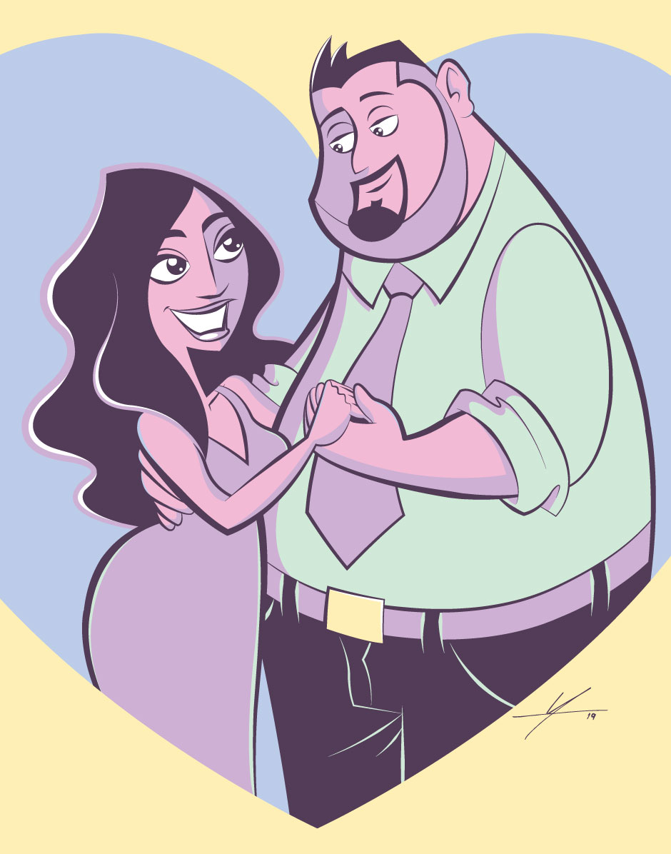 Two animated characters, a woman and a man, smiling and holding hands inside a heart shape, with a light background.