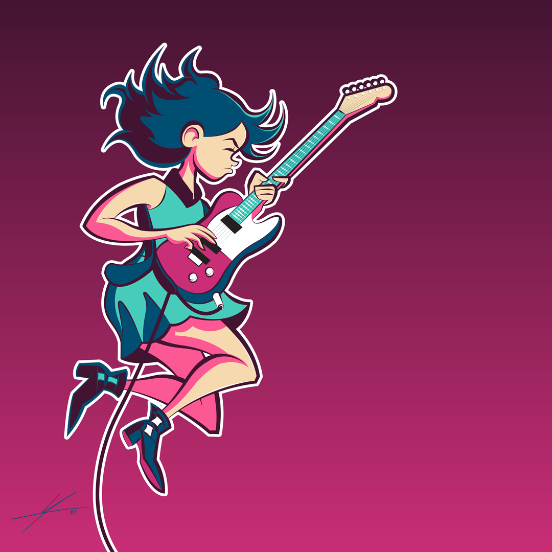 Animated girl with blue hair playing an electric guitar, jumping with a pink background.