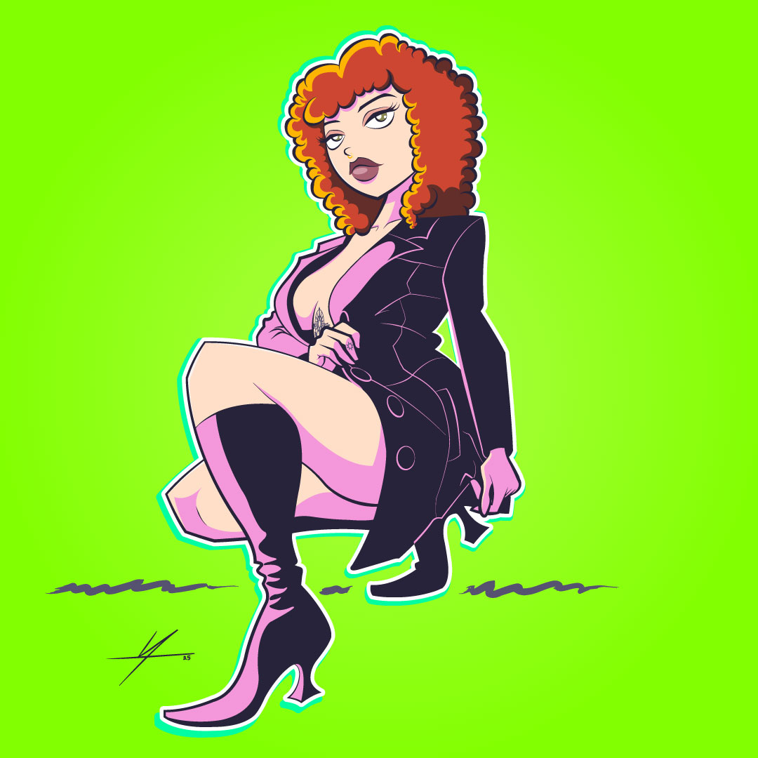 A woman with curly hair sitting with crossed legs, wearing a black jacket, pink dress, and high boots, on a green background.