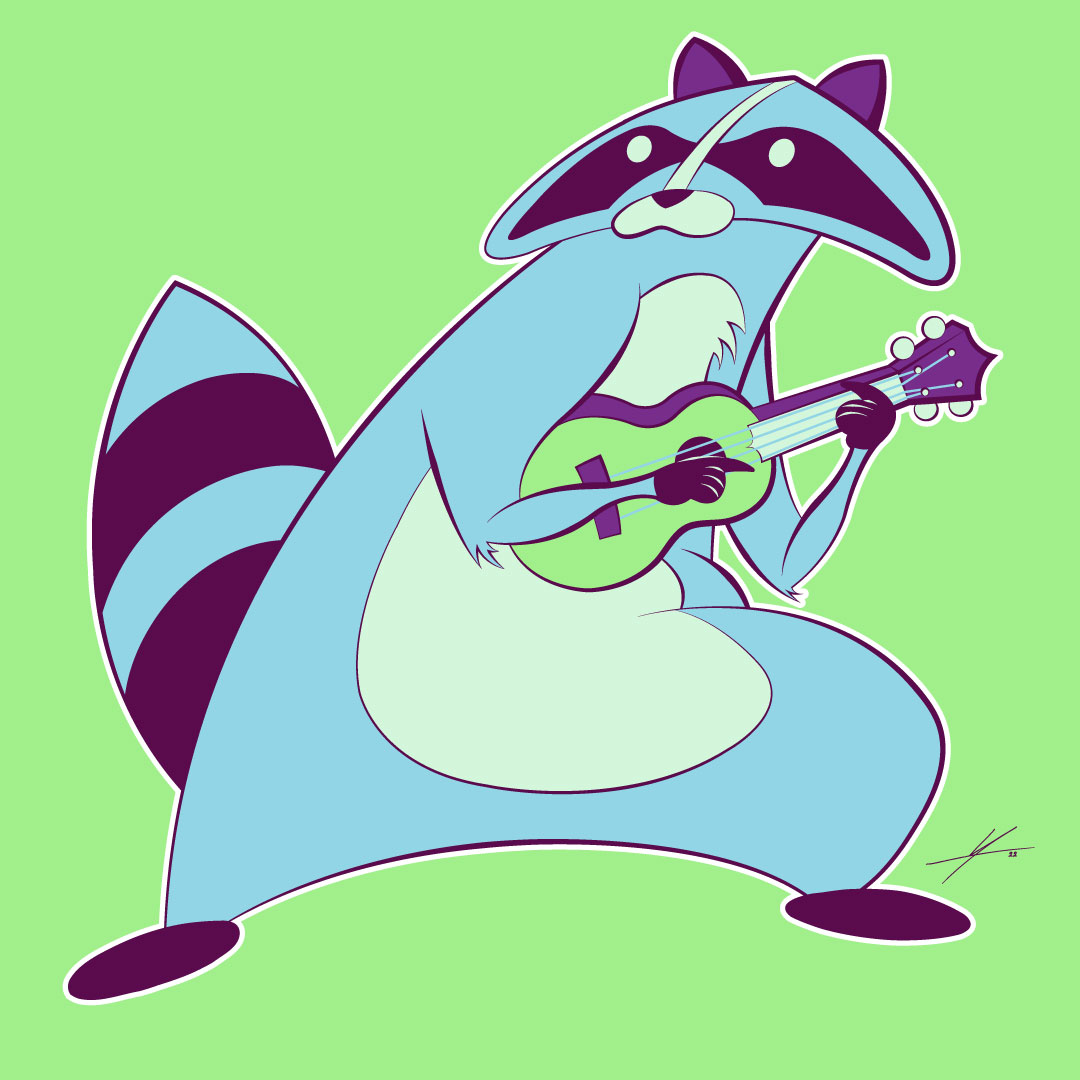 Cartoon raccoon playing a green ukulele against a light green background.