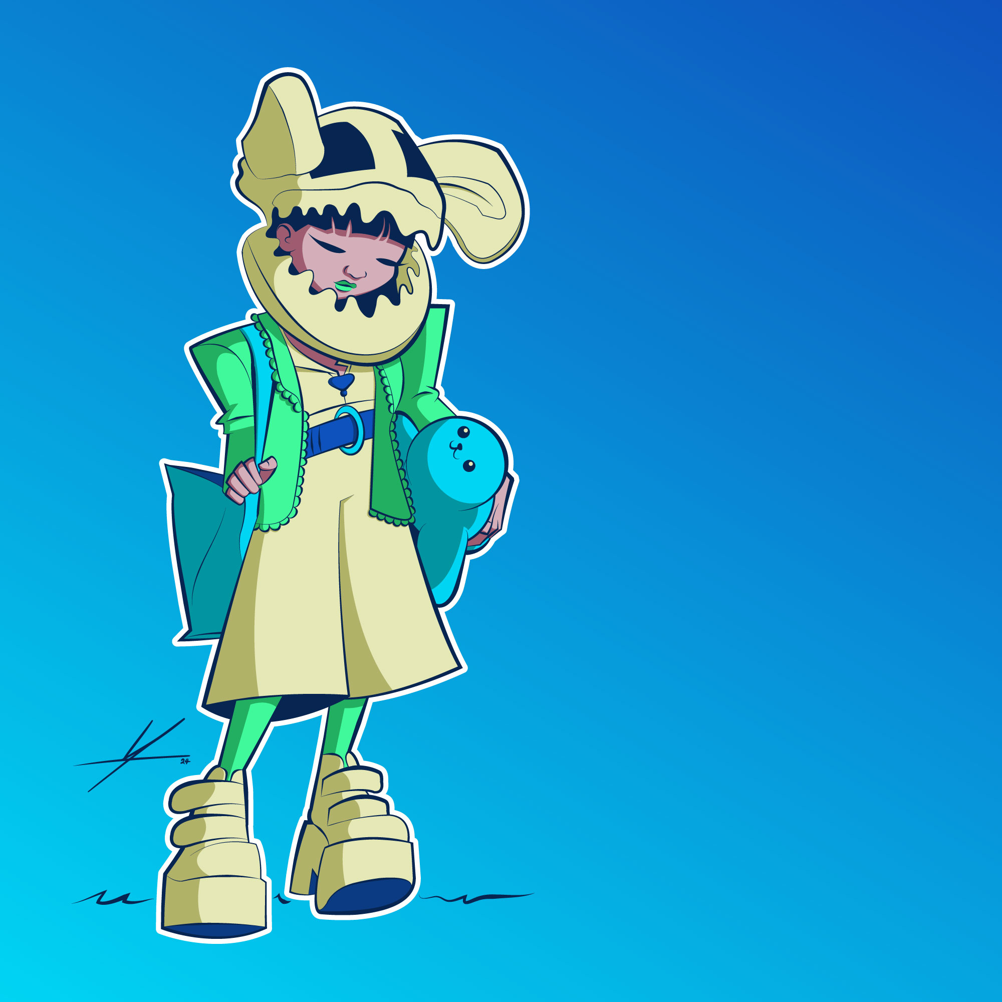 Cartoon character with a fish, wearing a helmet, green coat, and boots, standing on a blue background.