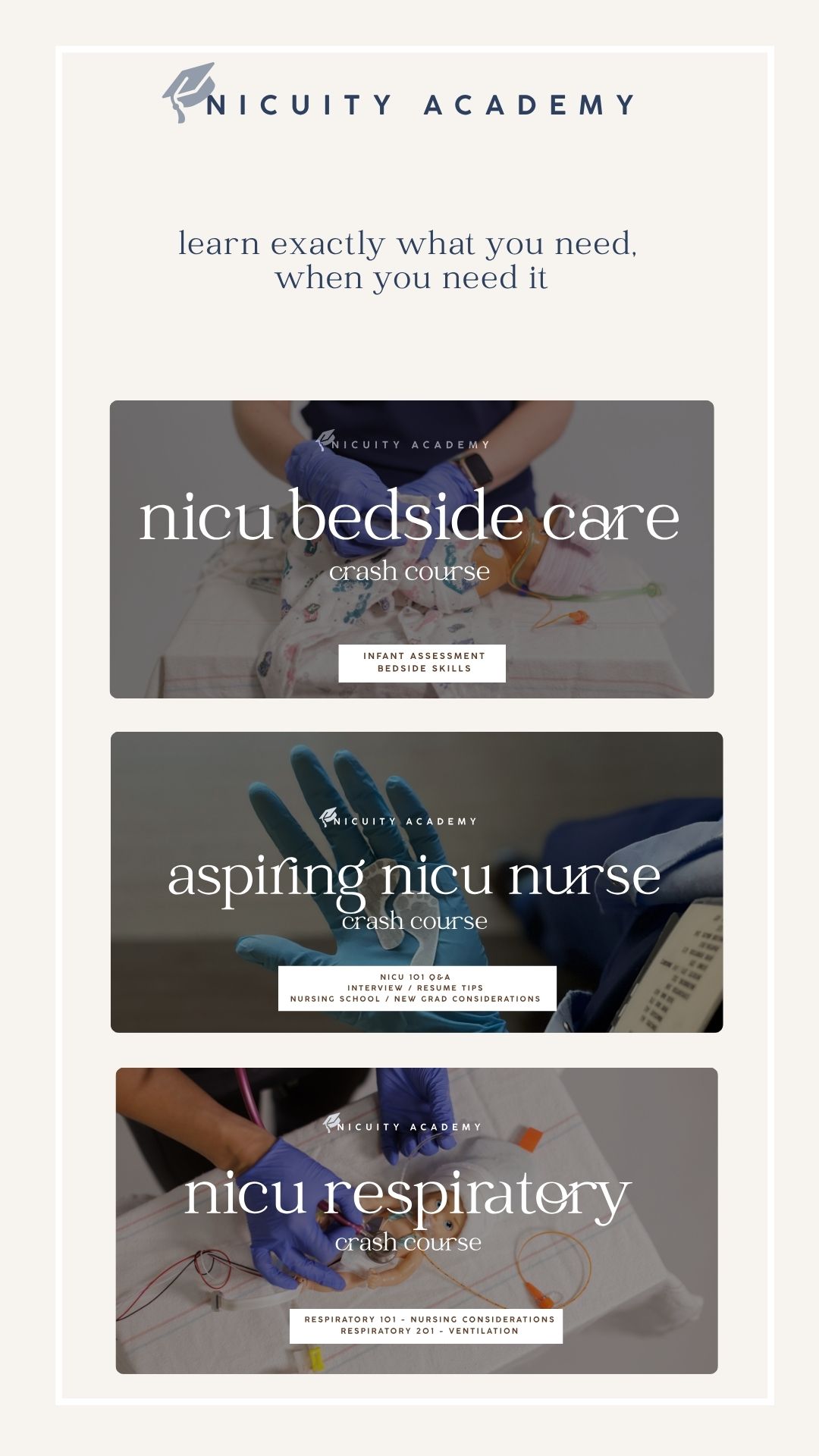 Three course options for NICU training: bedside care, NICU nurse, respiratory therapy, with images of medical professionals and equipment.