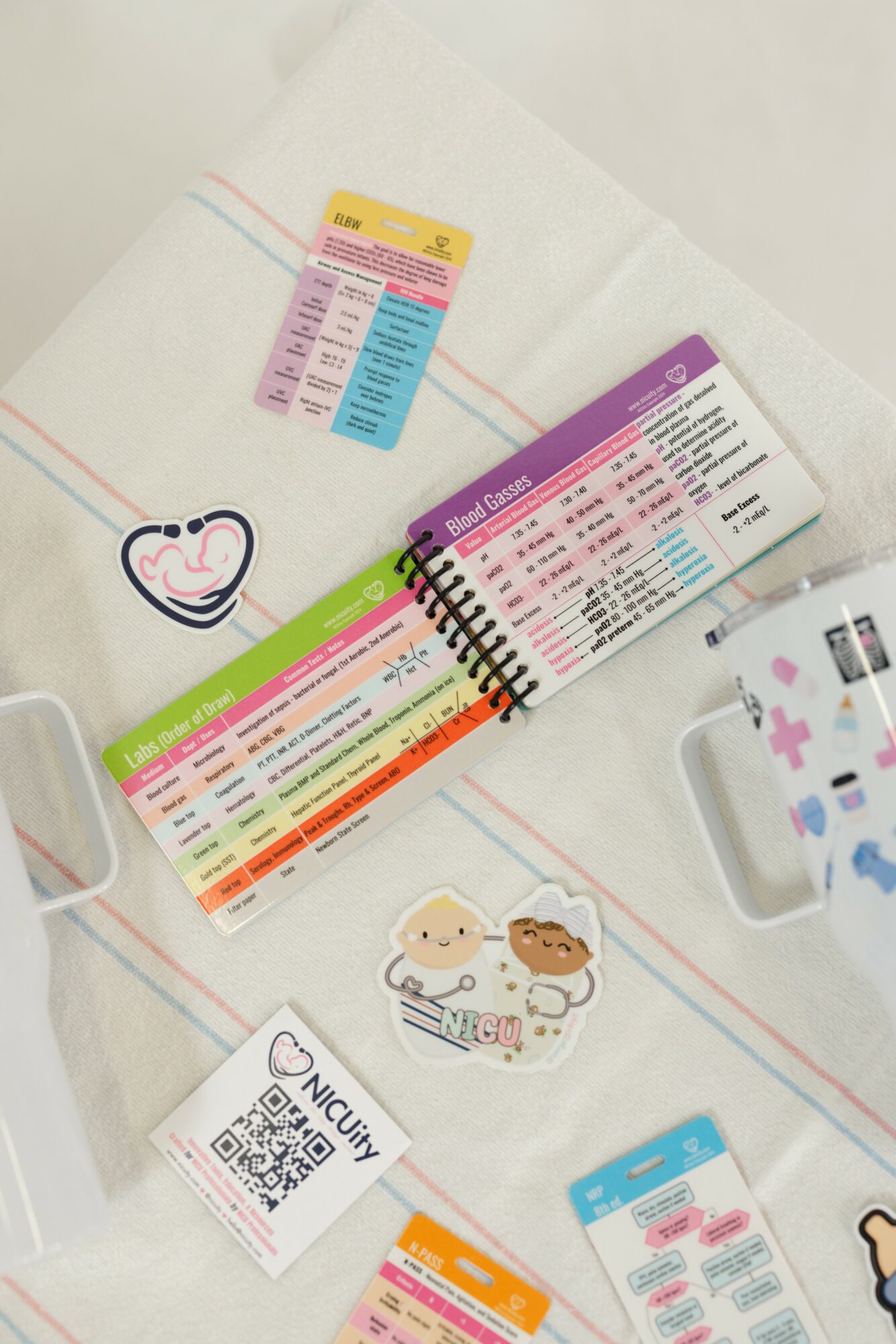 Open colorful schedule book on white surface with stickers and a small card nearby.