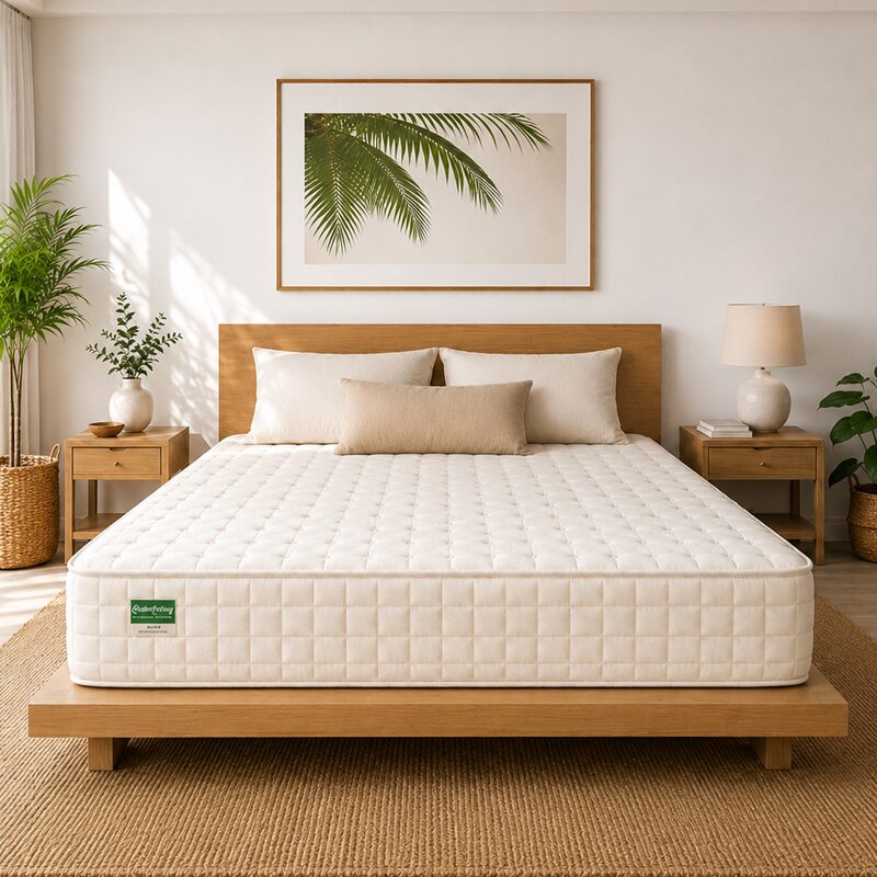 Bedroom with a bed, two nightstands, lamps, a framed picture, and plants, in a bright, minimal style.