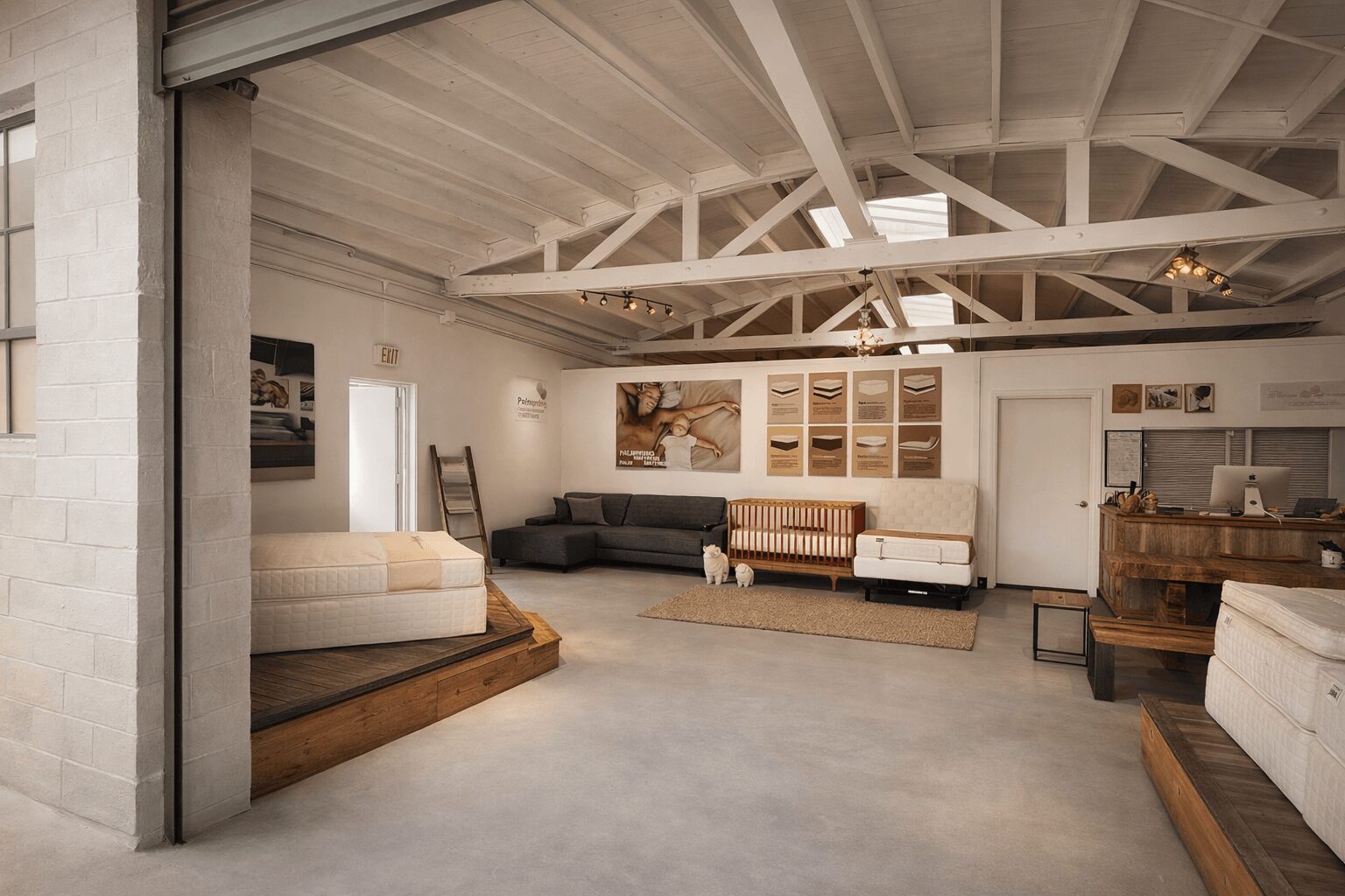 Interior of a spacious room with white ceiling beams, couches, and artwork on the walls.