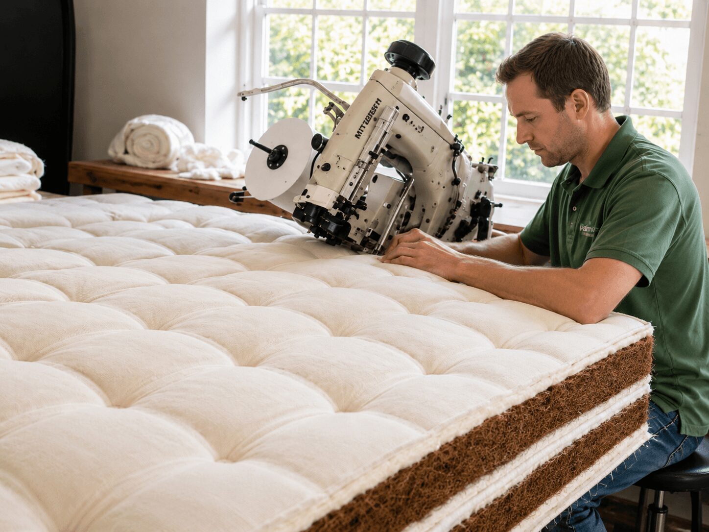 Man using a sewing machine on a large, padded mattress in a bright room with windows.