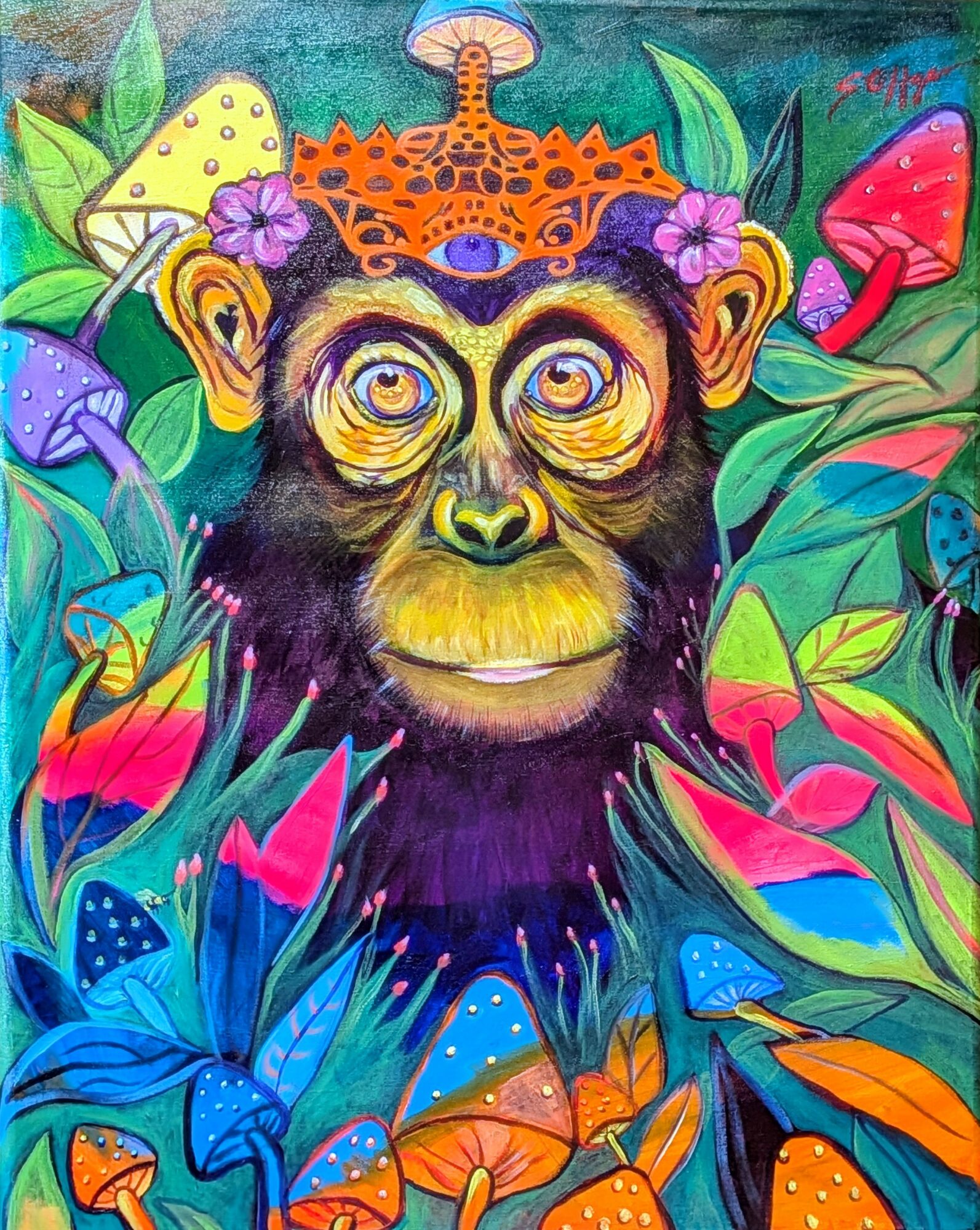 Colorful painting of a monkey's face surrounded by vibrant mushrooms and plants, with a whimsical style.