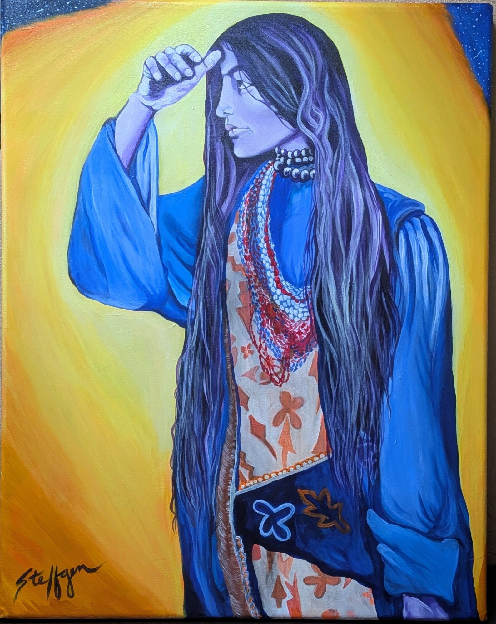 A woman with long hair wearing glasses and a blue dress, holding a phone, against a yellow background.