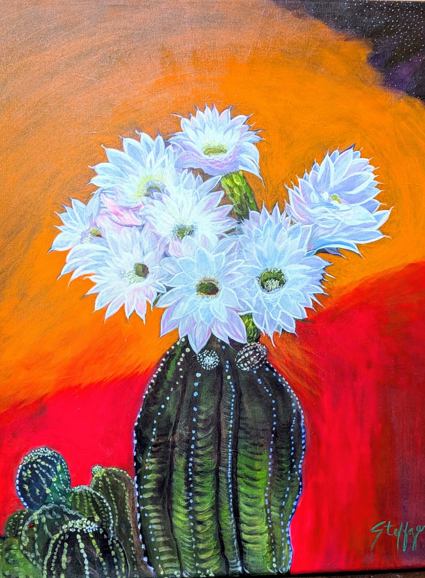 A cactus-shaped vase holds a bouquet of white flowers with green centers against an orange and red background.